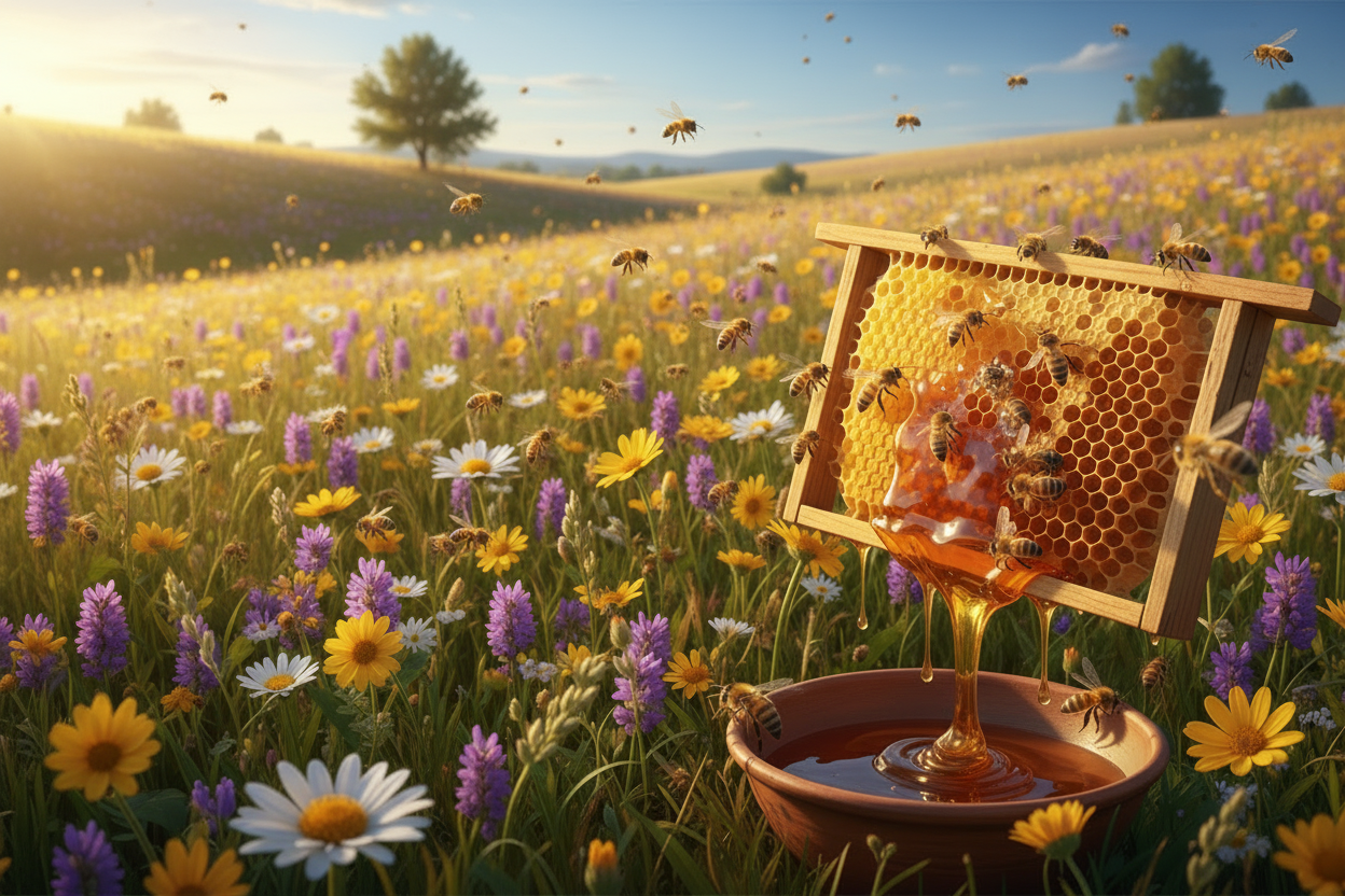 Gestochen scharfes Bild: Honigwabe mit Bienen auf Blumenwiese