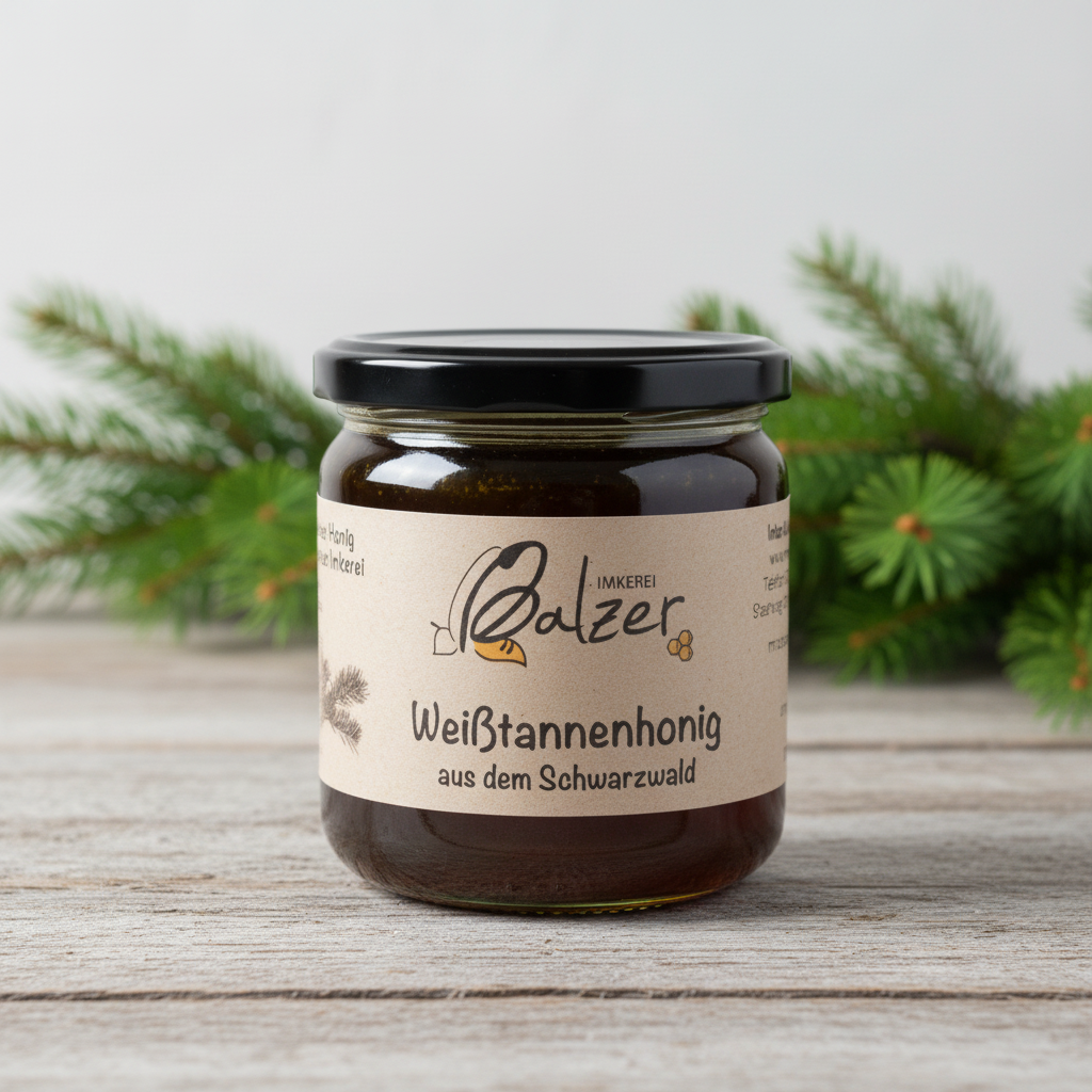 Weißtannenhonig auf rustikalem Tisch